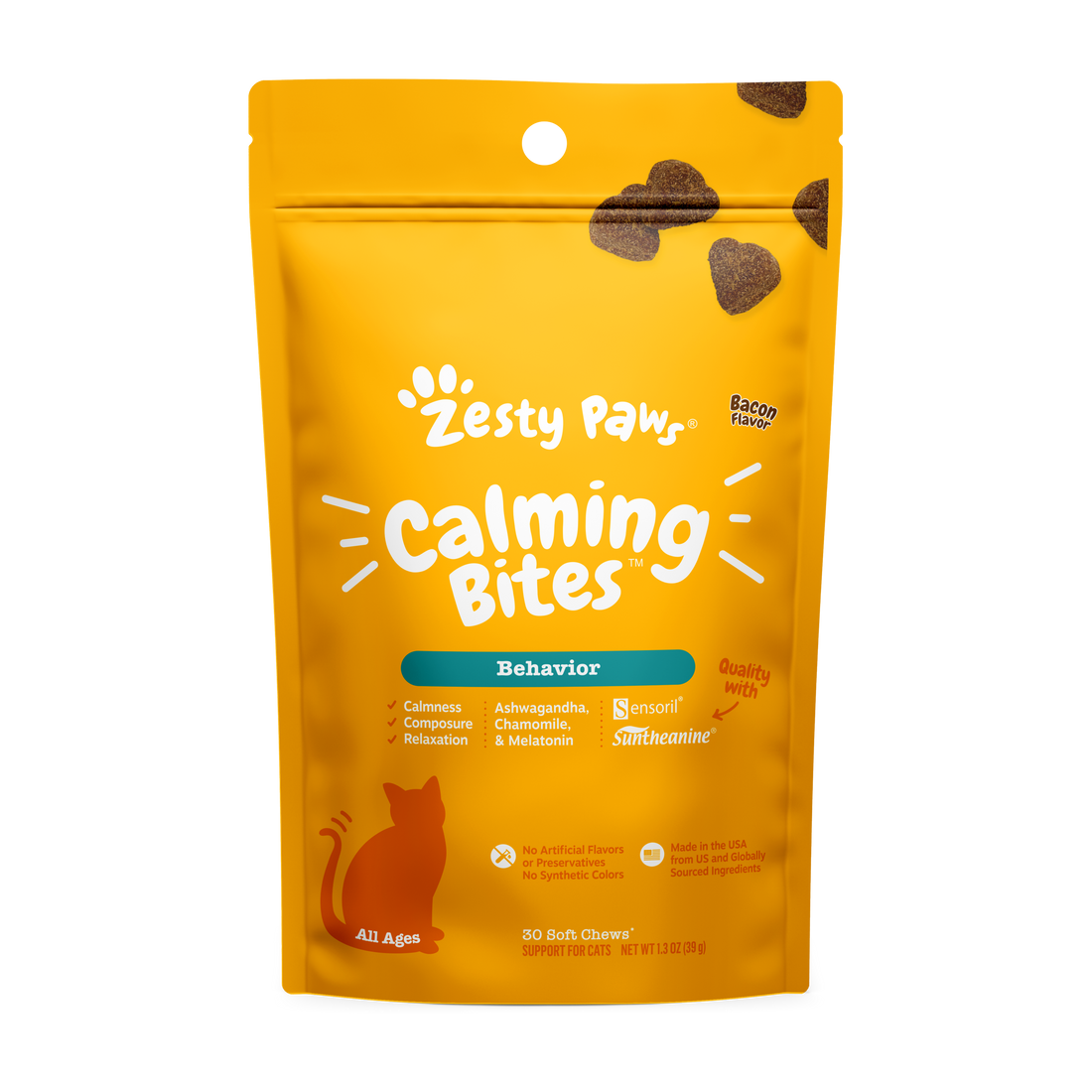 Zesty Paws Calming Bites for Cats, Stress & Anxiety Relief Supplement, Bacon Flavor, 30 Ct Soft Chews