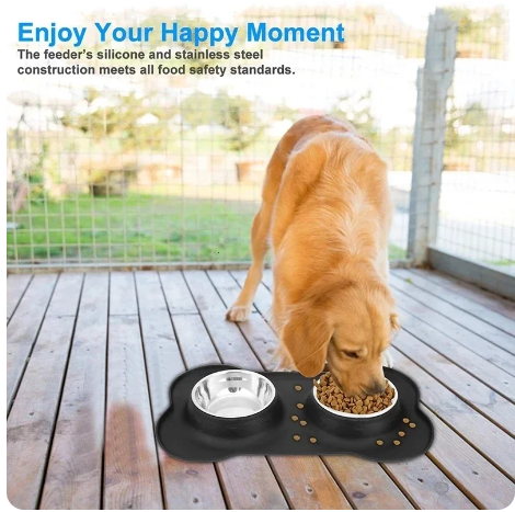 Antislip Double Dog Bowl with Silicone Mat Durable Stainless Steel Water Food Feeder Water Bottle Dog Water Bottle Pet Supplies