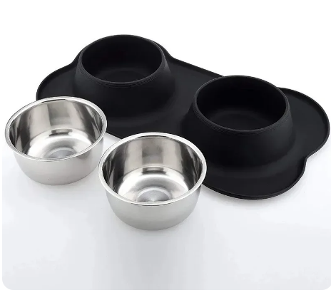 Antislip Double Dog Bowl with Silicone Mat Durable Stainless Steel Water Food Feeder Water Bottle Dog Water Bottle Pet Supplies