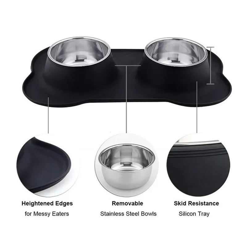 Antislip Double Dog Bowl with Silicone Mat Durable Stainless Steel Water Food Feeder Water Bottle  Dog Water Bottle Pet Supplies